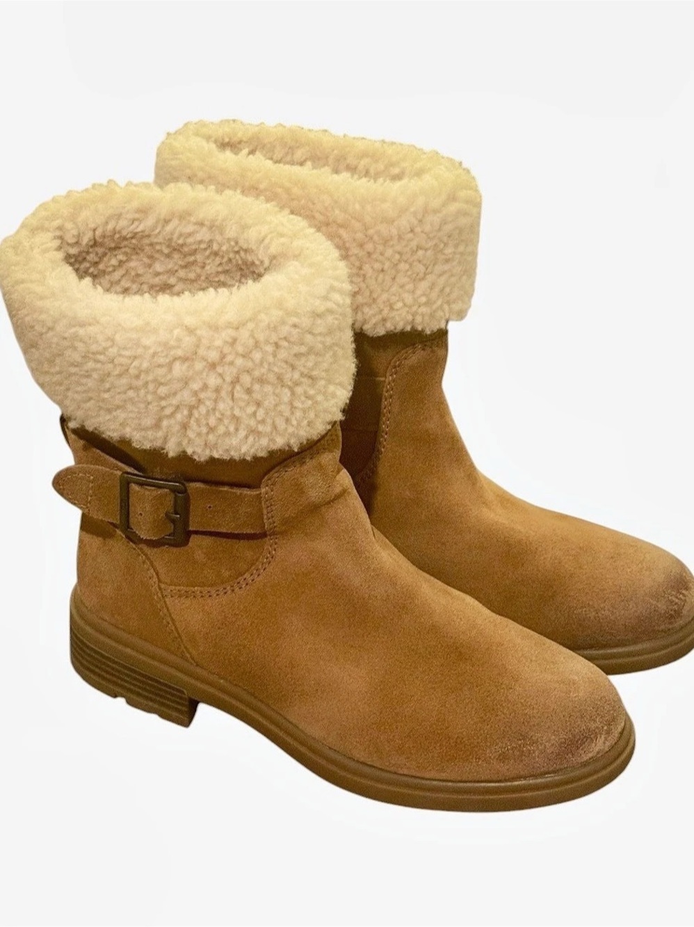 UGG Harrison Cuff Waterproof Suede Ankle Boots Chestnut Shearling Womens Size 7
